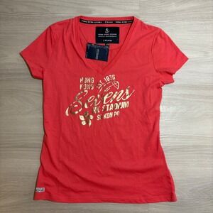 Kukri Hong Kong Sevens Rugby T-Shirt Women Red Gold Foil Graphic V-Neck Size 10